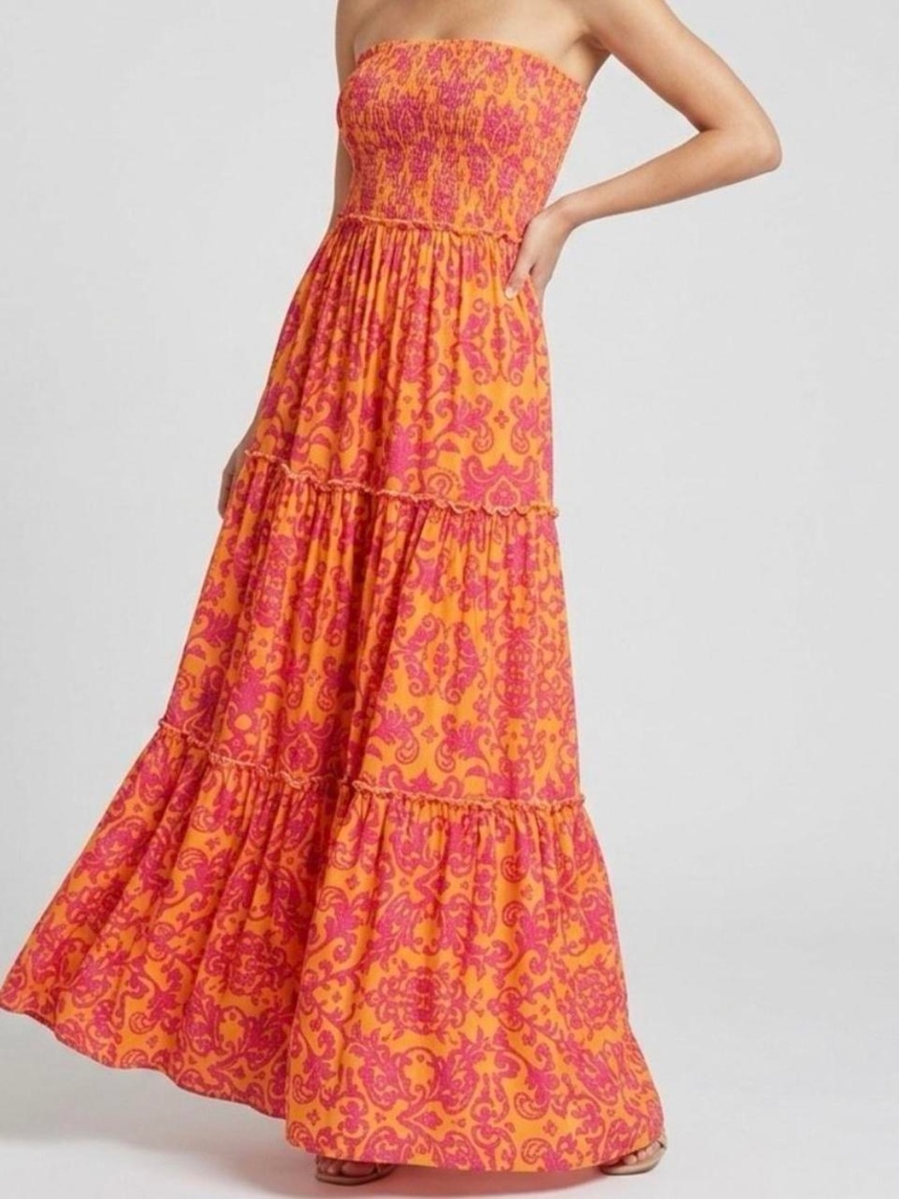 Smocked Strapless Maxi Dress in Pink & Orange Print